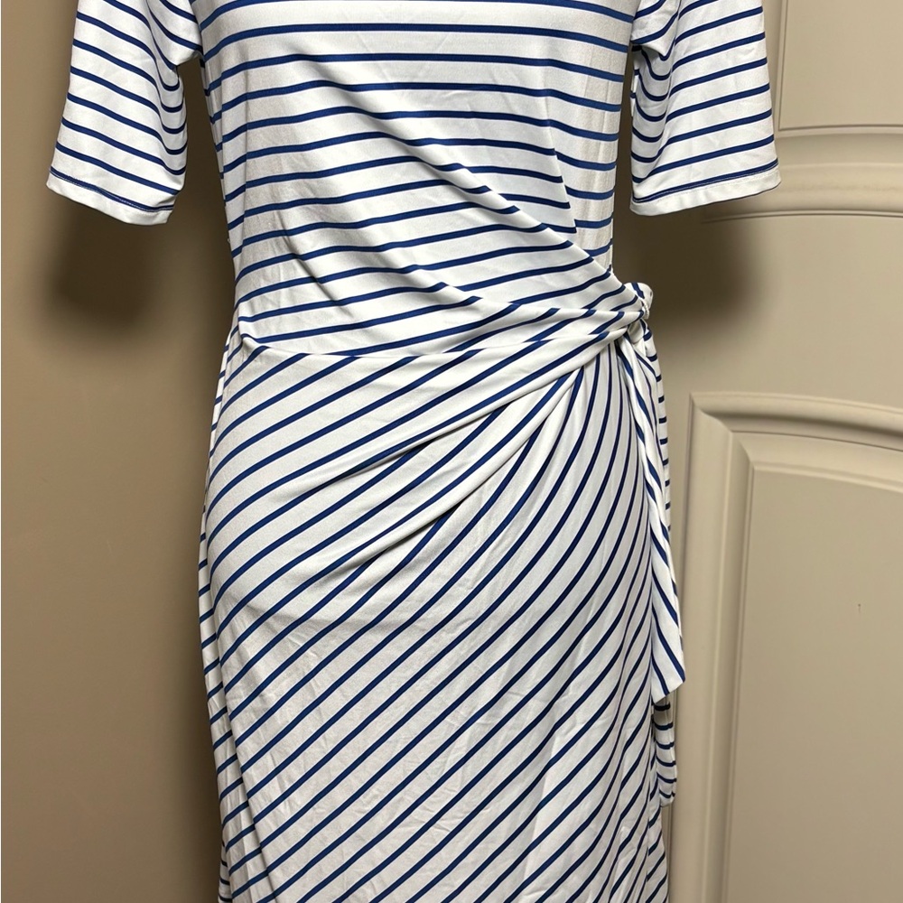 Lands’ End Elbow Sleeve Tie Waist Sheath Dress White & Navy Blue Nautical Sz S - Picture 6 of 16